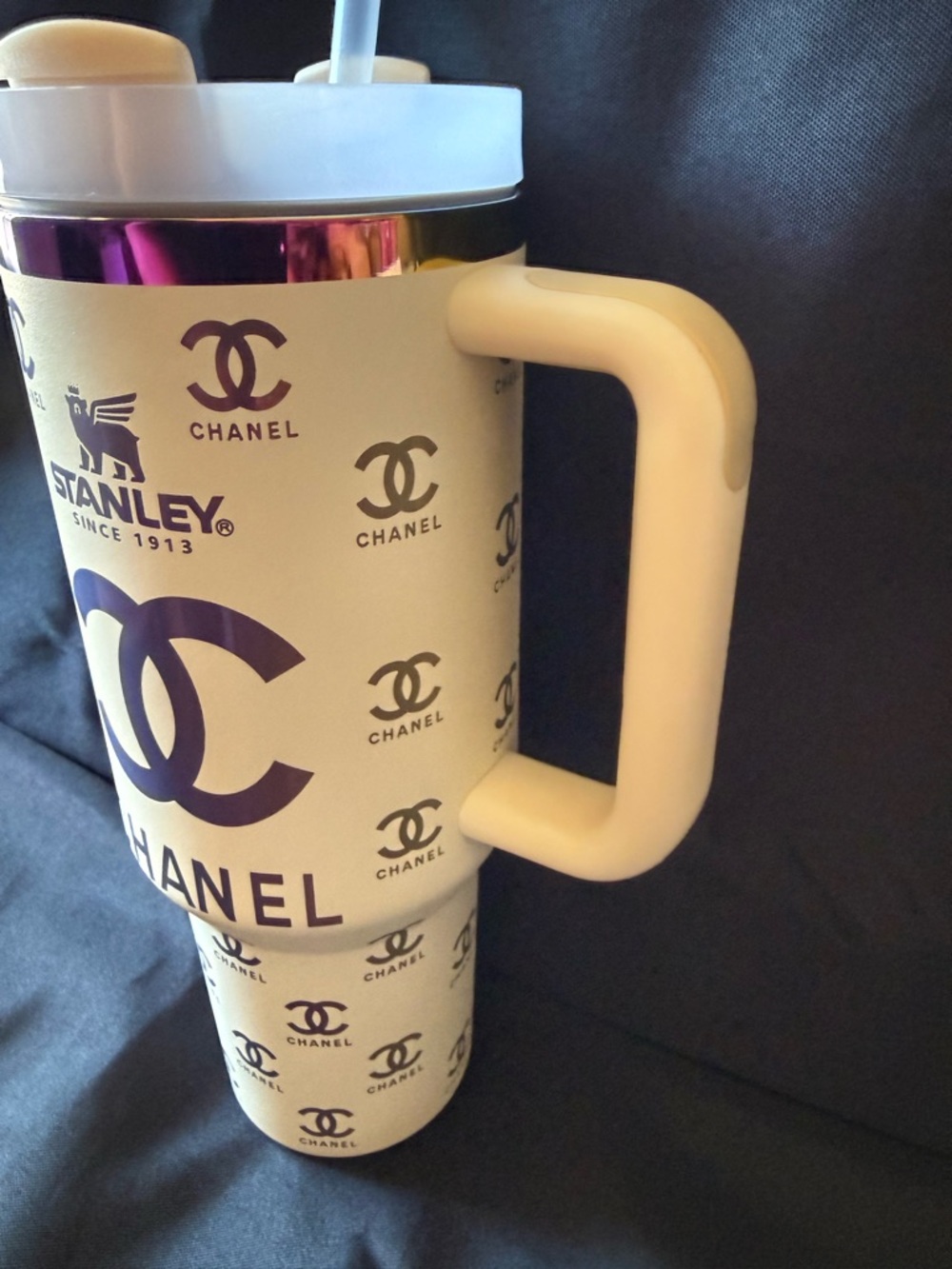 New Stanley 40oz LaserChanel Engraved Cream Oil Slick with Straw (No Box) - Picture 4 of 8